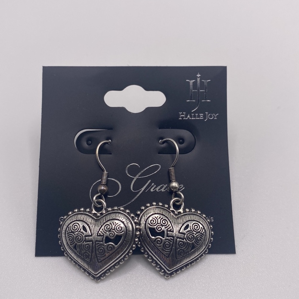 Halle Joy Grace Heart Christian Religious Dangling Earrings With A Cross Design